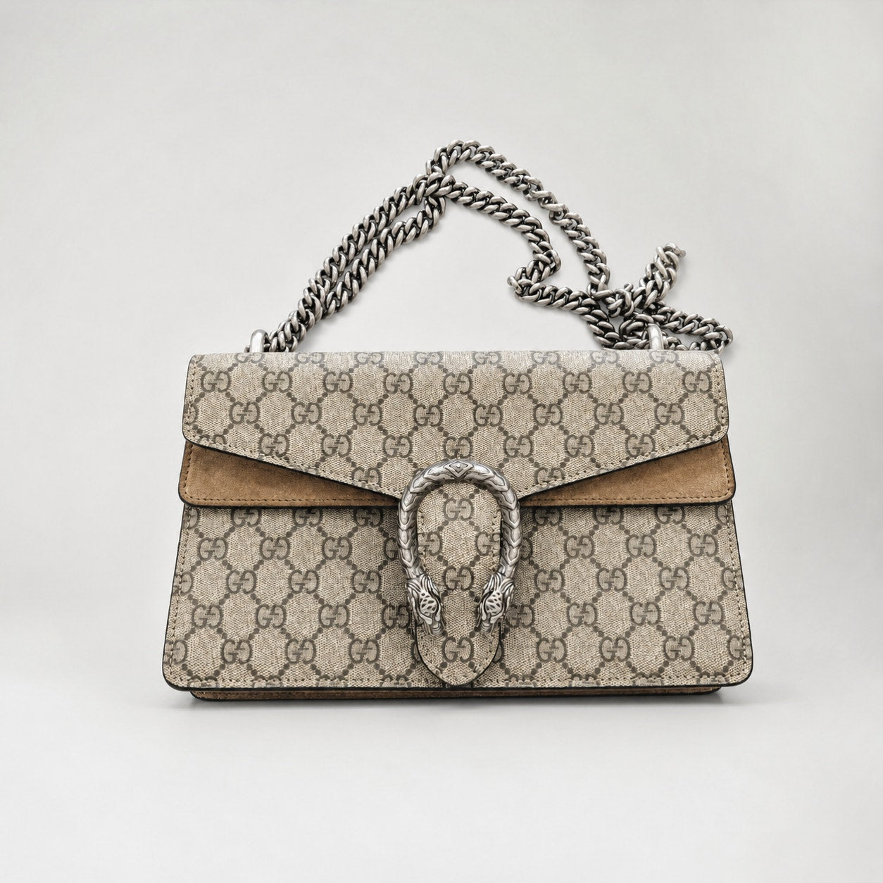 Gucci GG Dionysus Tiger Head  Canvas Shoulder Bag Womens Beige Logo Metal Chain