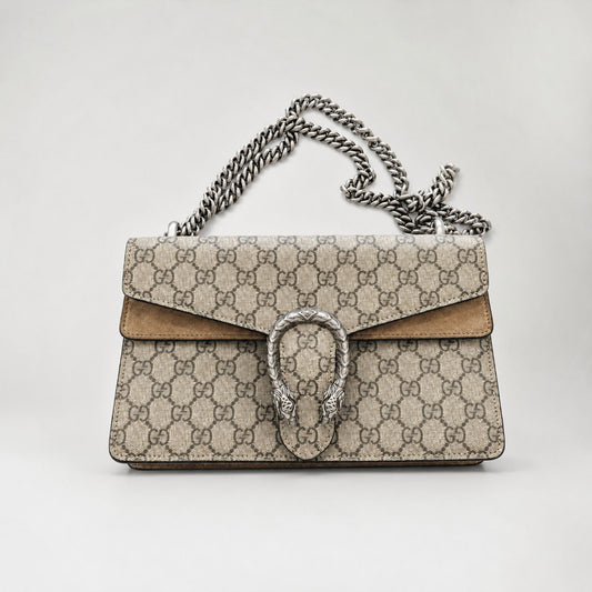 Gucci GG Dionysus Tiger Head  Canvas Shoulder Bag Womens Beige Logo Metal Chain
