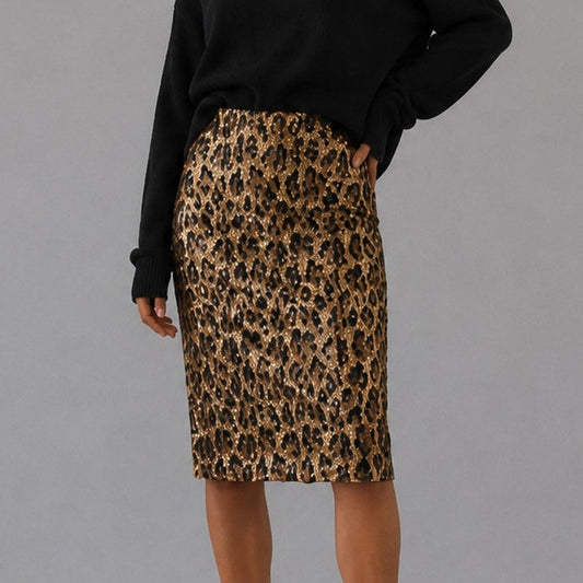 Alice+Olivia Sequin Animal Leopard Midi Skirt Womens 4 Gold/Black Straight