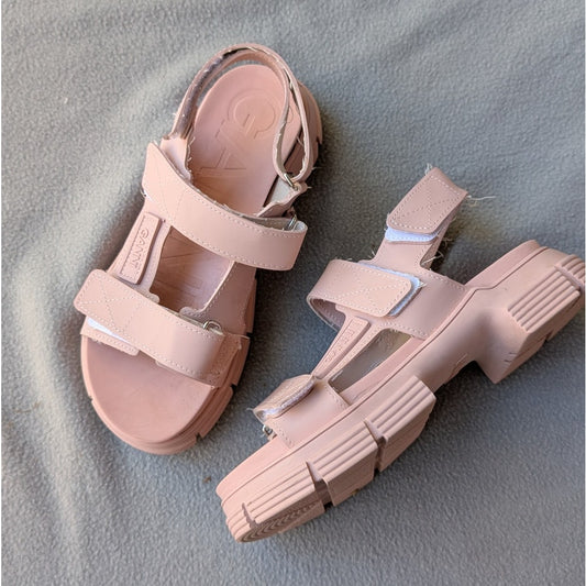 Ganni Pink Recycled Rubber Logo Open Round Toe Strap Sandals, size EU39/US9