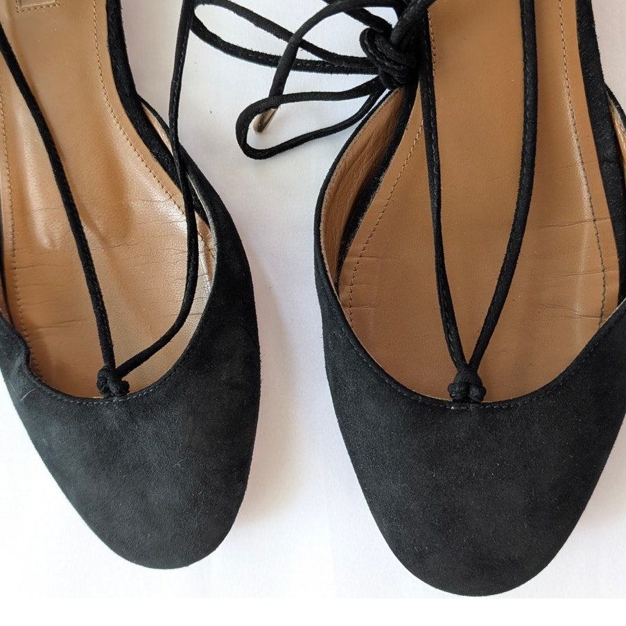 Aquazzura Black Suede Dancer Lace Up Strappy Ballet Flats, Size 38/US8