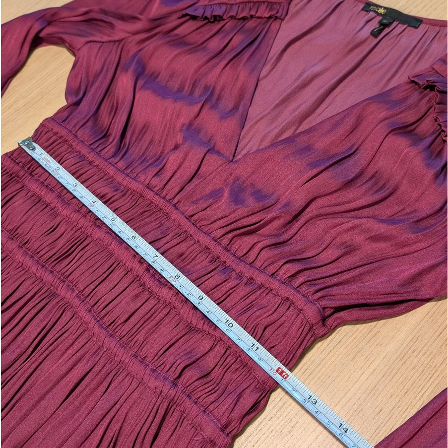Maje Rianne Flowing Satin Mini Dress Womens FR 36/ S Purple V-neck Long Sleeve