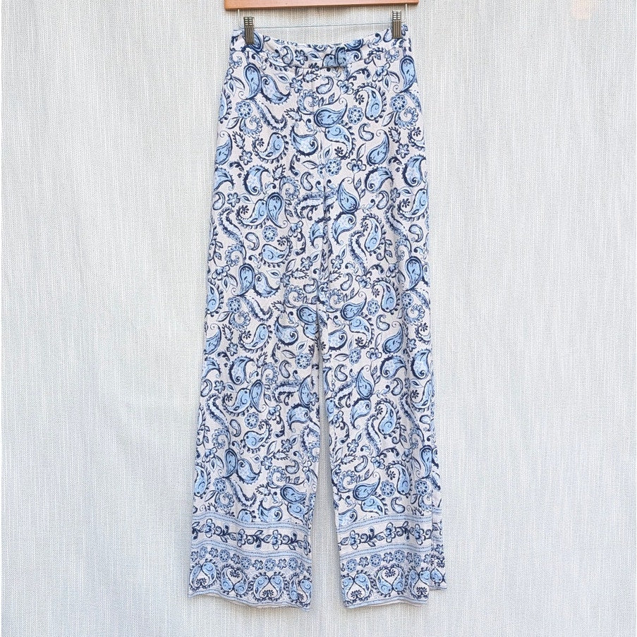 Zara Pants Womens XS BLue Floral Print Linen Blend High-rise Wide Leg Full