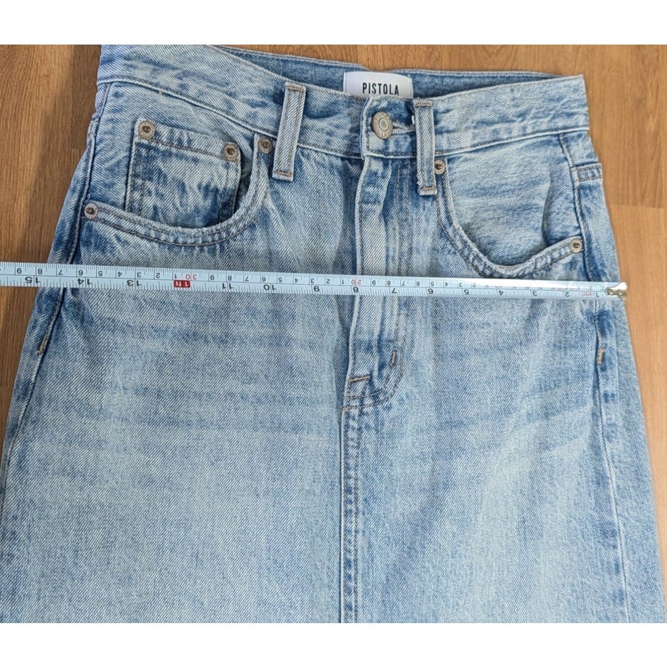Pistola Alice Denim Midi Skirt Brooklyn Light Blue Front Slit Raw Hem Size 24