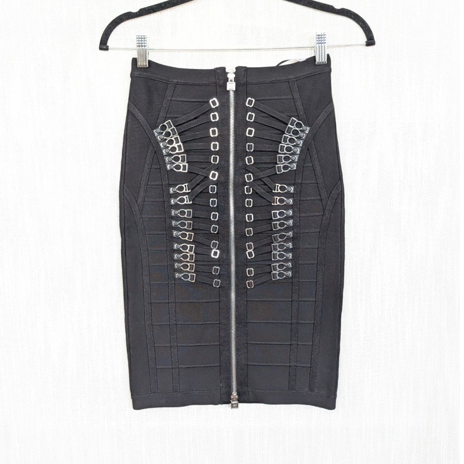 Herve Leger Mikayla Black Buckle Detail Bandage Mini Midi Pencil Skirt XS