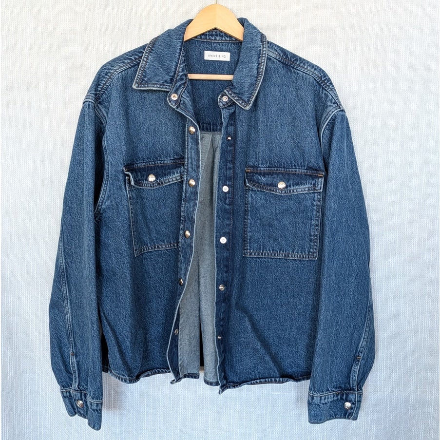 Anine Bing Paxton Shirt Jacket Womens L Blue Denim Cotton Relaxed Long Sleeve