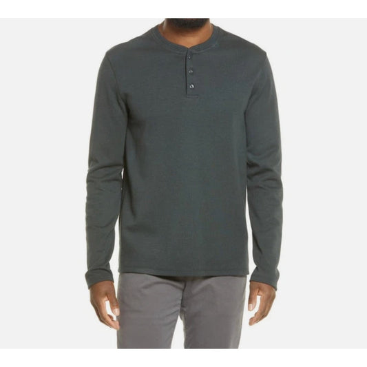 Vince. Dark Green Garment Dye Cotton Long-Sleeve Henley Shirt Top, size L