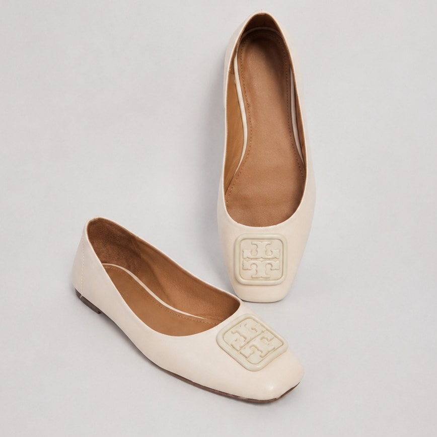 Tory Burch Georgia Ballet Flat Womens 9C Cream Leather Logo Square Toe