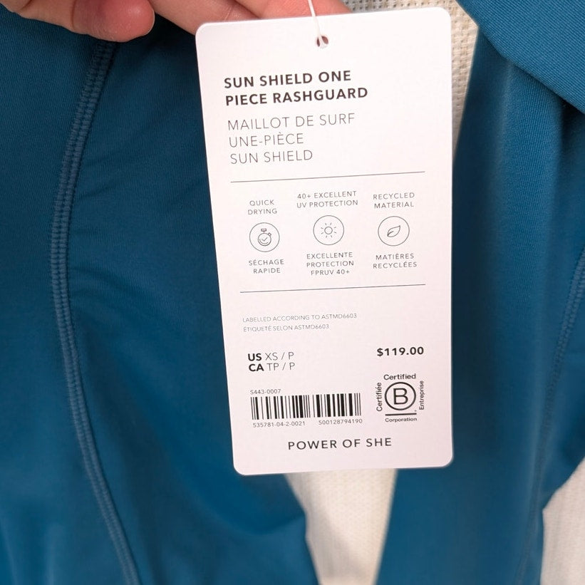 NWT Athleta Sun Shield One Piece Coastal Teal Rashguard Swimsuit, size XS