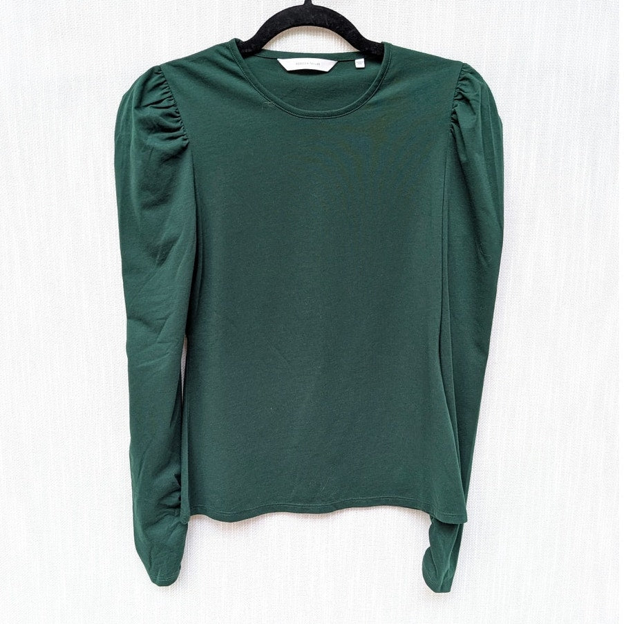 Rebecca Taylor Green Ruched Puffed-Sleeve Long Sleeve Top, size S