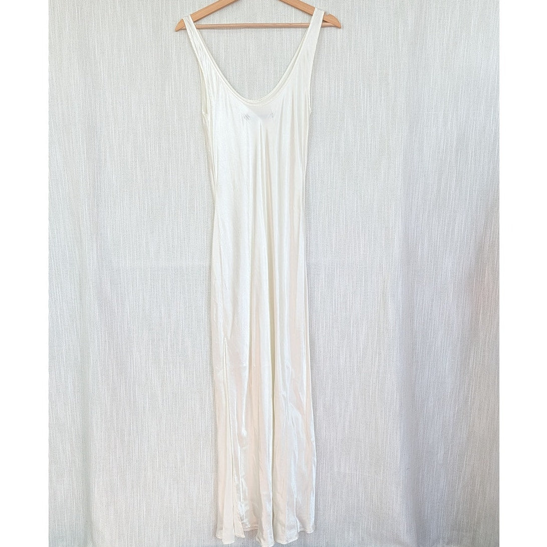 Enza Costa Off-White Satin Slip Maxi Dress Womens 2 Sleeveless Scoop Neck Split