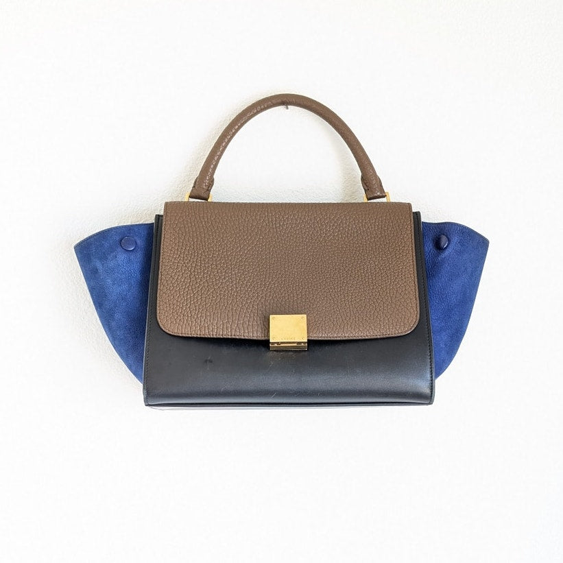 CELINE Blue/Black/Brown Leather Suede Trapeze Medium Handbag Shoulder Bag