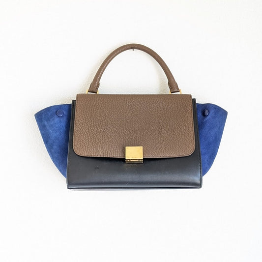 CELINE Blue/Black/Brown Leather Suede Trapeze Medium Handbag Shoulder Bag