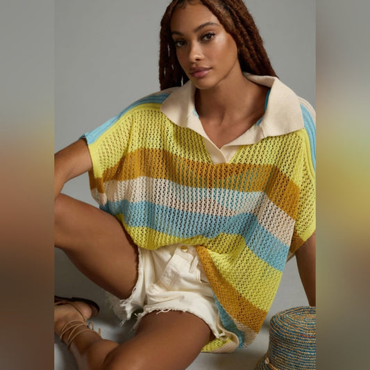 Maeve by Anthropologie knit striped polo kaftan top, one size
