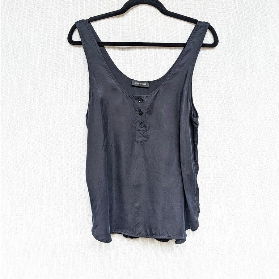 Anine Bing Evy Top Womens S Washed Black Henley Sleeveless Relaxed Tunic Polo