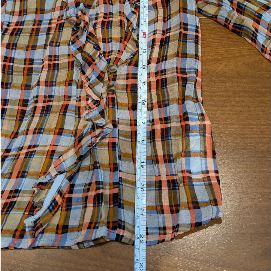 Anthropologie Maeve Laila Chiffon Ruffle Plaid Long Sleeve Wrap Blouse, size 4