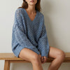 Aqua Blue Wool Blend Open Knit V-neck Long Sleeve Sweater, size XL