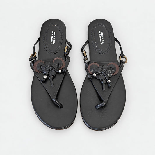 Isabel Marant Elato Floral Embellished Leather Sandals Black EU 39
