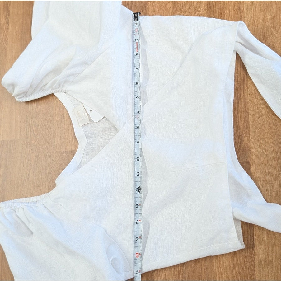 Posse Mia Linen Crop Top Womens S White Knot Detail V-neck Half Sleeve