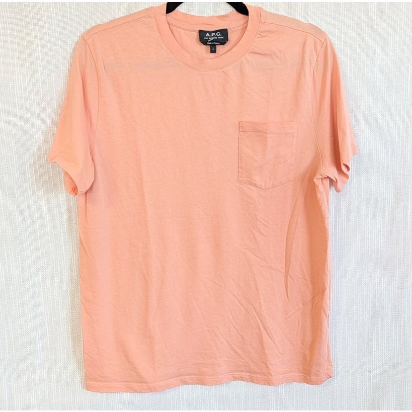 A.P.C. Men's Peachy Pink Cotton Chest Pocket Crew Neck T-Shirt Size L
