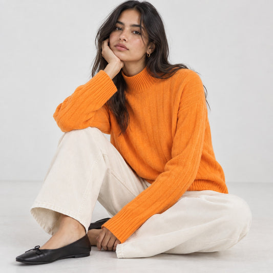J.Crew Sweater Womens M Orange Ribbed Wool Alpaca Mockneck Supersoft Yarn BM209