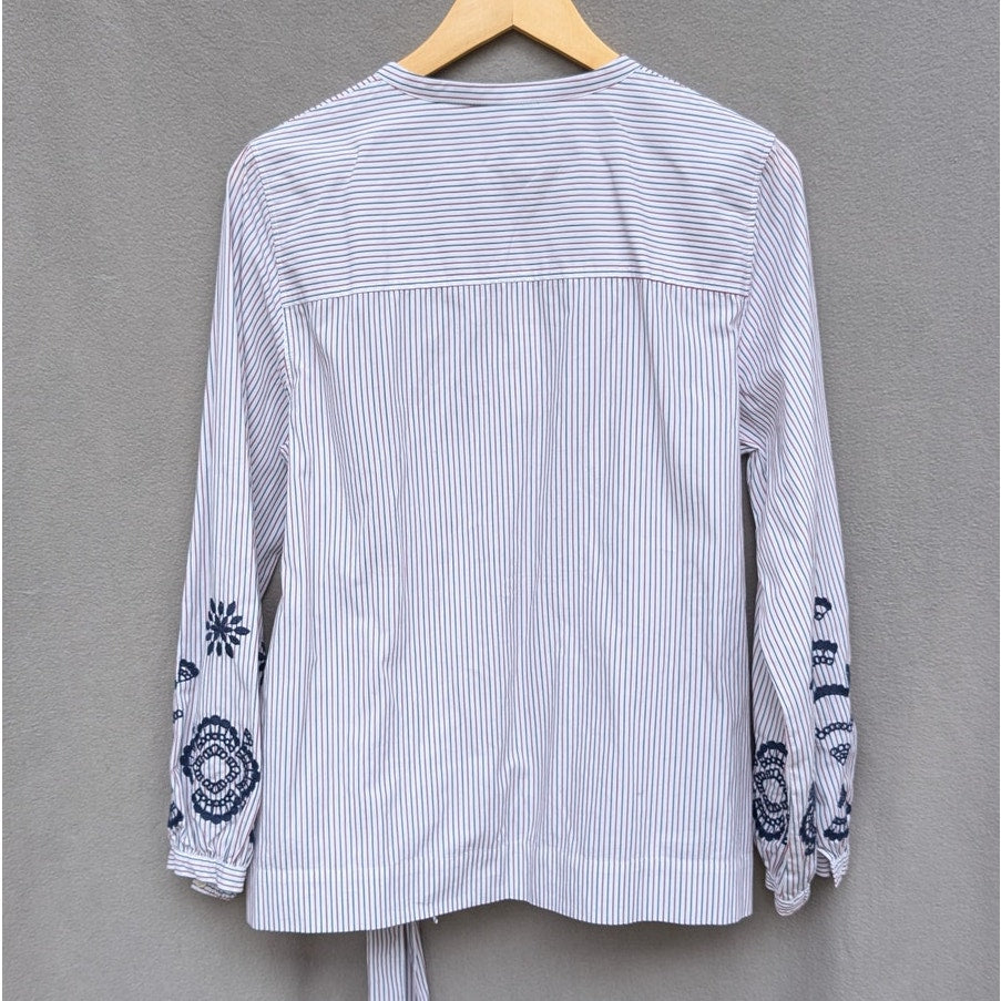 J. Crew Red/Blue Striped Embroidered Sleeves Tie Front/Back Tunic Blouse, size M