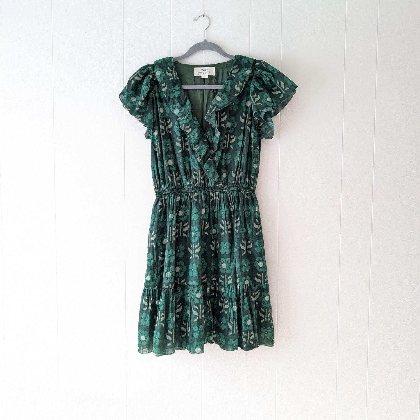 TROVATA Birds of Paradis Marcella Green Floral Cotton Tiered Mini Dress, size S