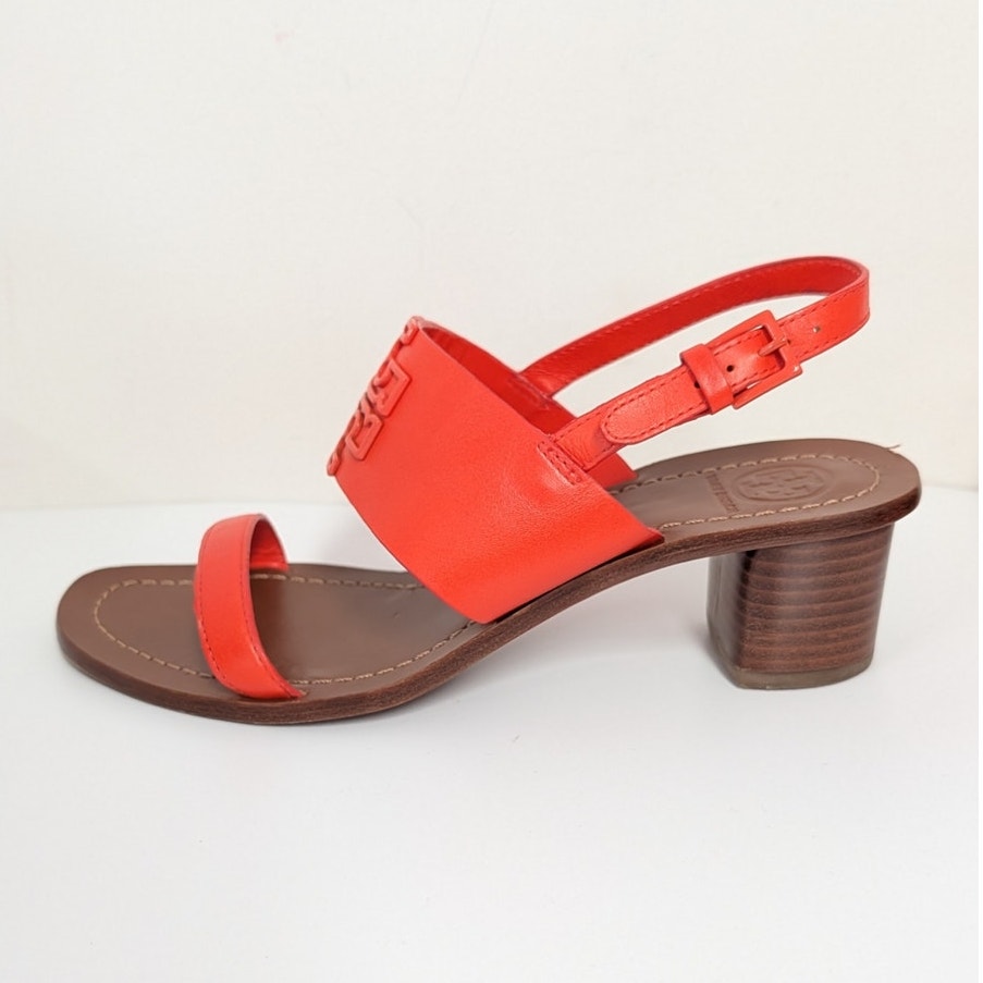 Tory Burch Lowell Orange Red Leather Logo Block Heel Sandals Women's 7M
