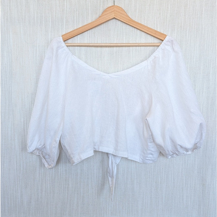 Posse Mia Linen Crop Top Womens S White Knot Detail V-neck Half Sleeve