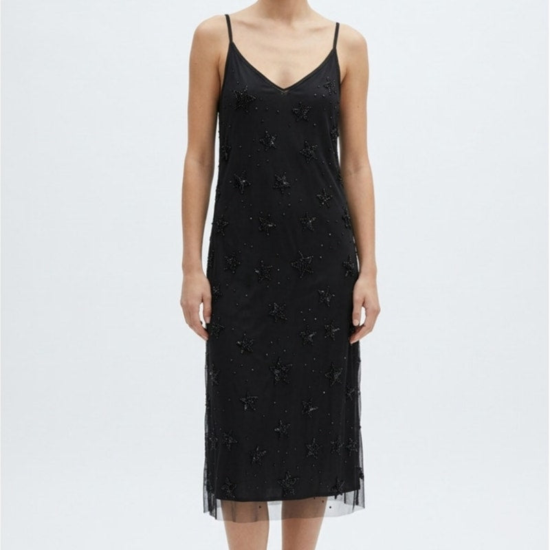 P.A.R.O.S.H Galax Star Embellished Mesh Slip Dress Womens M Black Beaded Midi