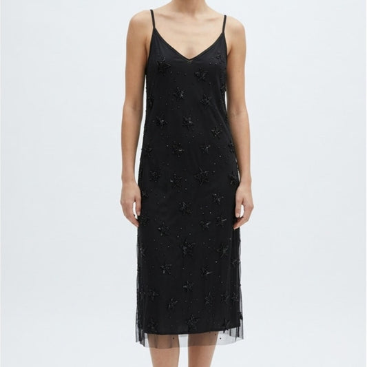 P.A.R.O.S.H Galax Star Embellished Mesh Slip Dress Womens M Black Beaded Midi