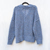 Aqua Blue Wool Blend Open Knit V-neck Long Sleeve Sweater, size XL