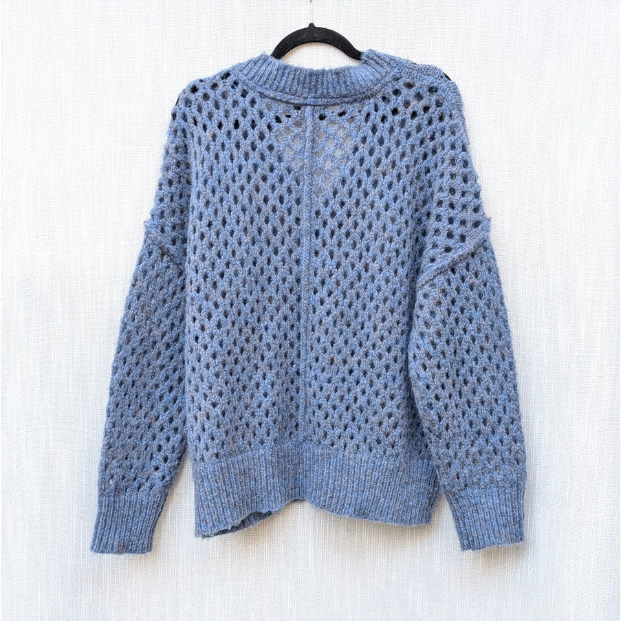Aqua Blue Wool Blend Open Knit V-neck Long Sleeve Sweater, size XL