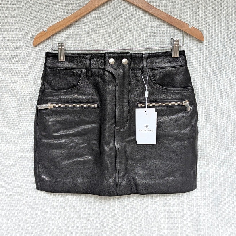 Anine Bing Steel Mini Skirt Womens S Black 100% Lamb Leather Zipper NWT