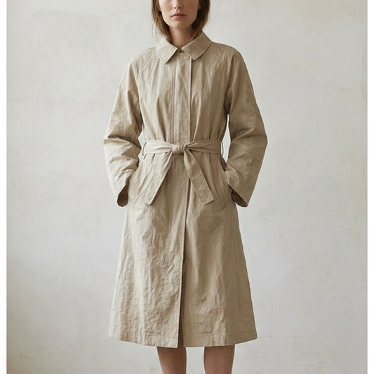 Vince Cotton Trench Coat Womens XL Beige Full Zip Self-Tie Belt Long