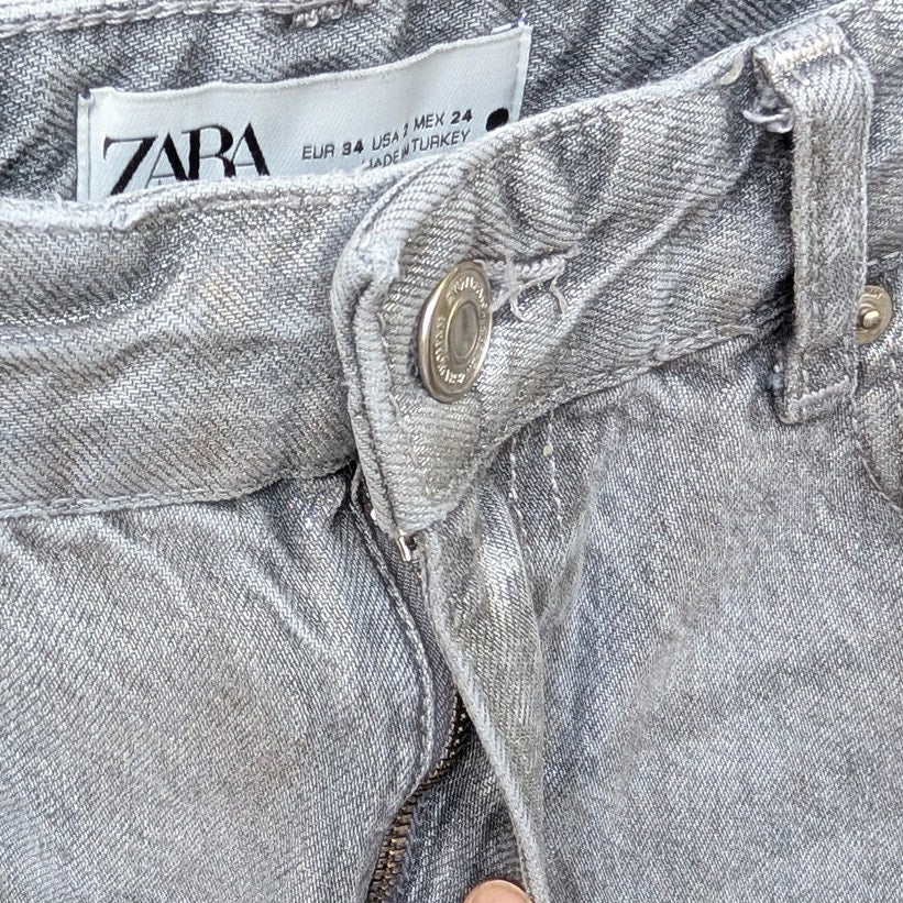 Zara Shimmer Gray Denim Raw Hem High-Rise Ankle Leg Jeans, size 2