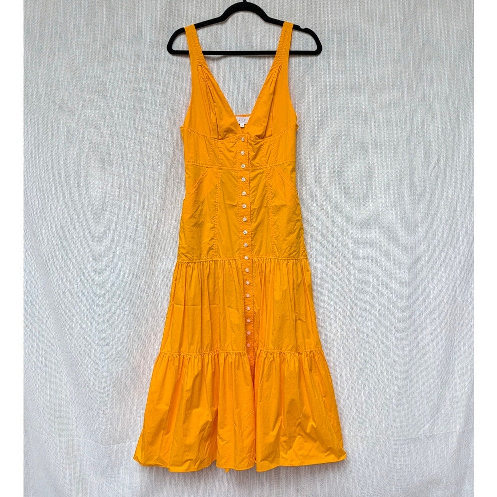 A.L.C. Jordyn Tiered Midi Dress Womens 6 Yellow Plunge Neckline Sleeveless A-line
