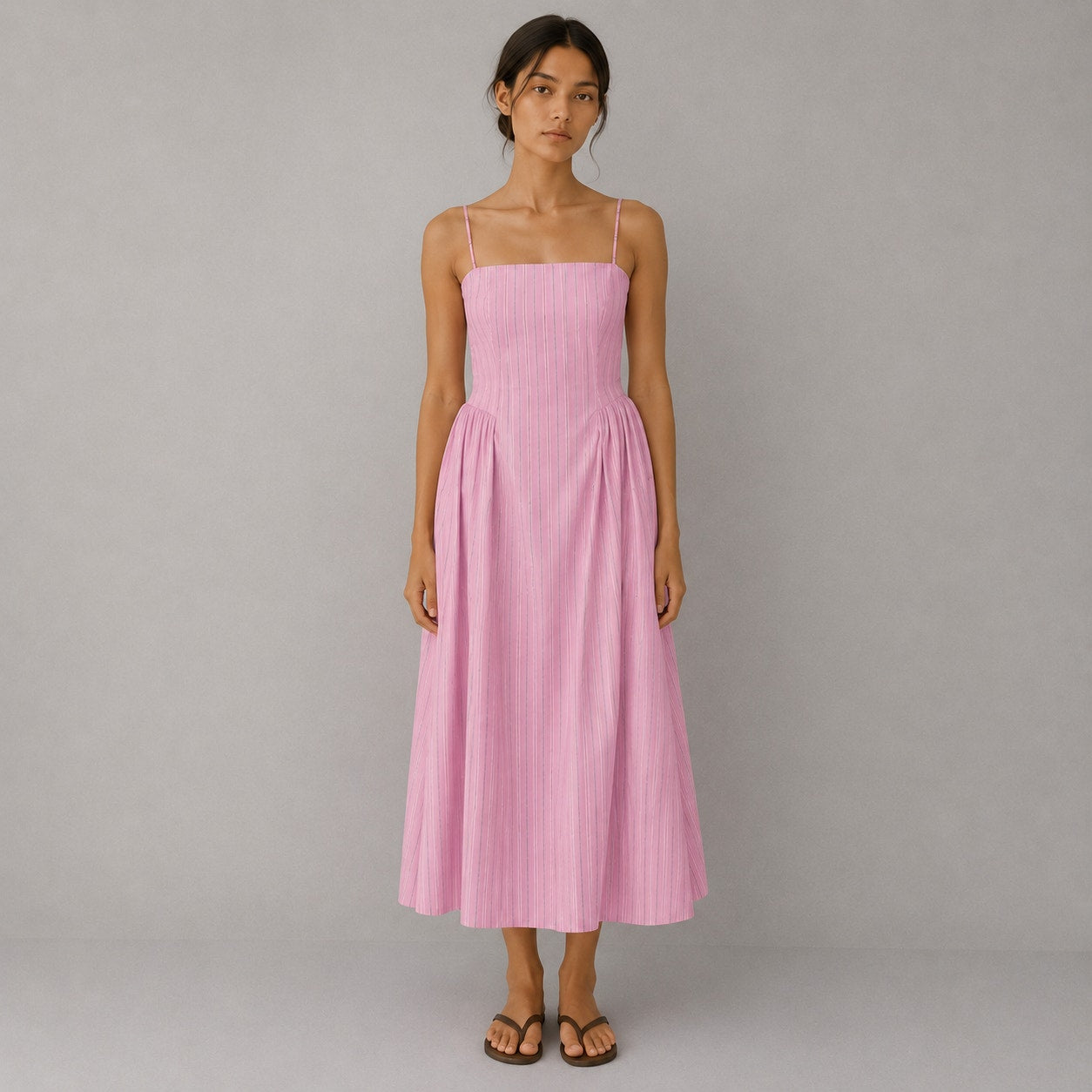 Maeve Sleeveless Fitted A-Line Midi Dress Womens M Pink Striped Pleated Detail