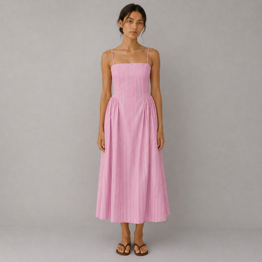 Maeve Sleeveless Fitted A-Line Midi Dress Womens M Pink Striped Pleated Detail