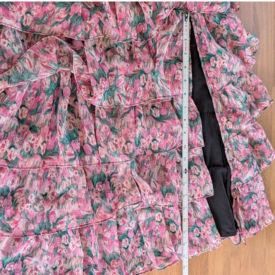 En Saison Lyra Tiered Midi Skirt Womens S Pink Floral Print High-rise Bohemian