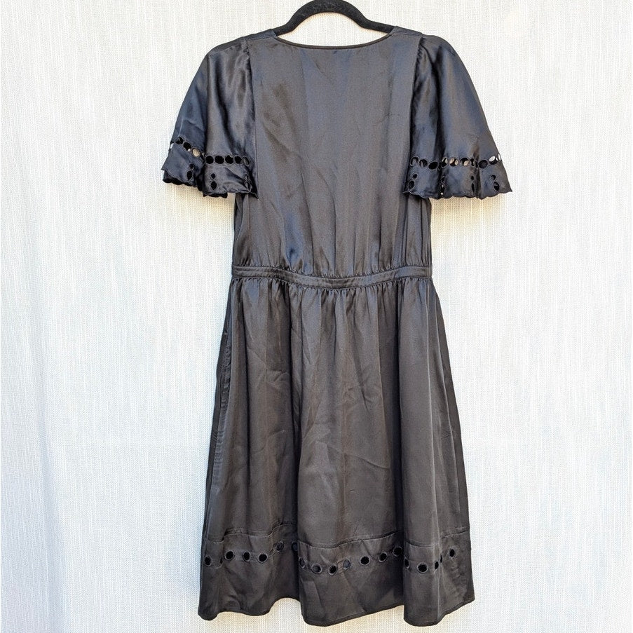 See by Chloe Silk Cutwork Detail Dress Womens 6 Black V-neck Short Sleeve Mini