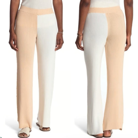 Ronny Kobo Two Tone Ribbed Knit Wide Leg Coloroblock Cream/White Pants, size S