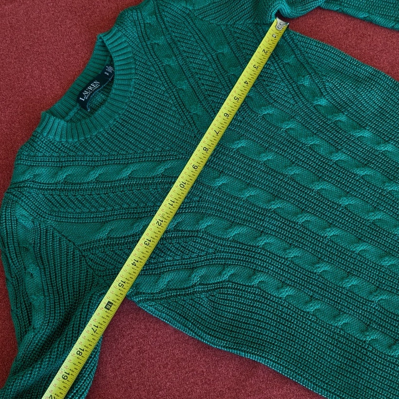 Lauren Ralph Lauren Green Cable Knit Cotton Long Sleeve Sweater, size S