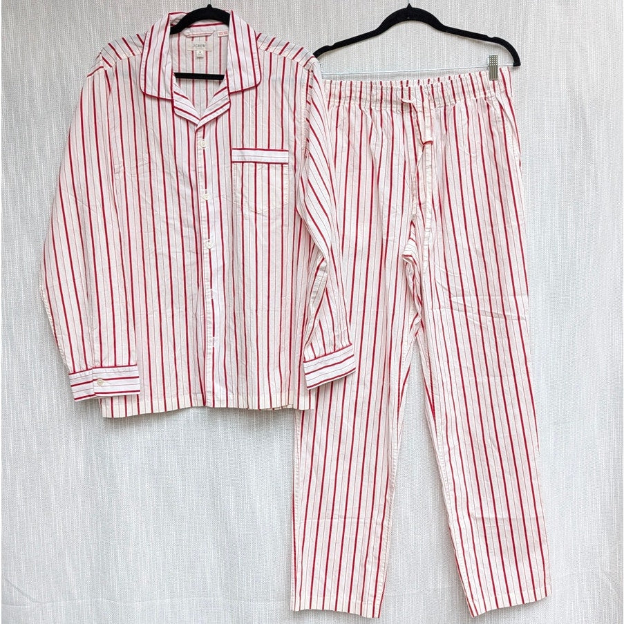 J.Crew Pajama Set in Cotton Poplin Womens M Ivory/Red Stripe Shirt & Pants NWOT