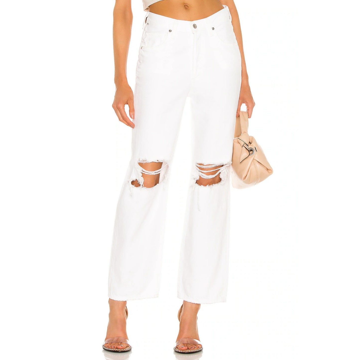 Citizens of Humanity V Front Wide Leg Vintage White Distressed Jeans, Size 28
