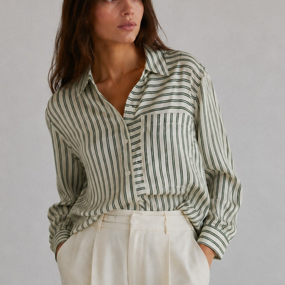 Rails Spencer Silk Blouse Shirt Womens L Green Striped Long Sleeve NWT