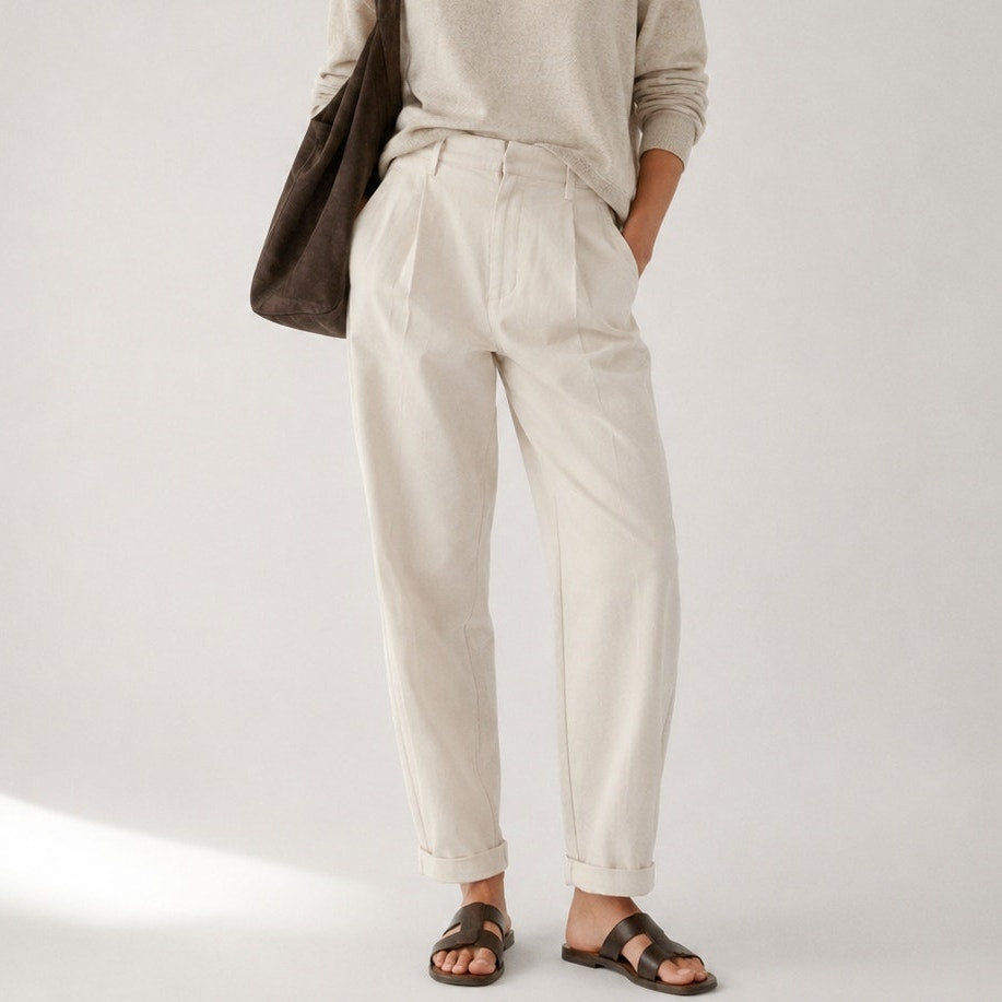 Brunello Cucinelli Straight Tapered Pleated Pants Womens 10 Ecru Cotton High-rise Chino