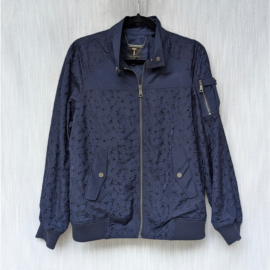 Ted Baker Larsine Coated Lace Bomber Jacket In Navy, size 3/L