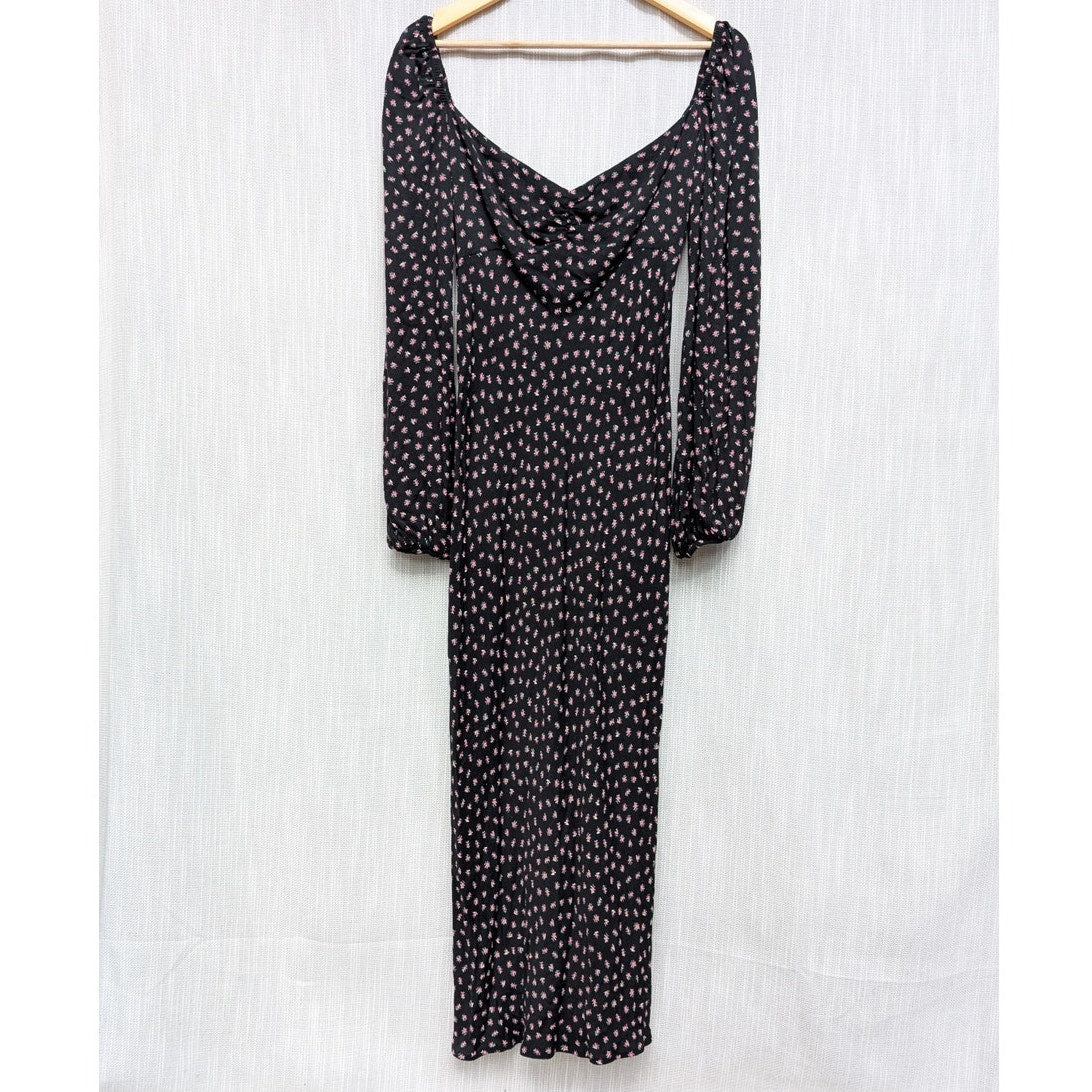 AFRM Black Floral Print Trixie Long Ballon Sleeve Midi Maxi Dress, size M
