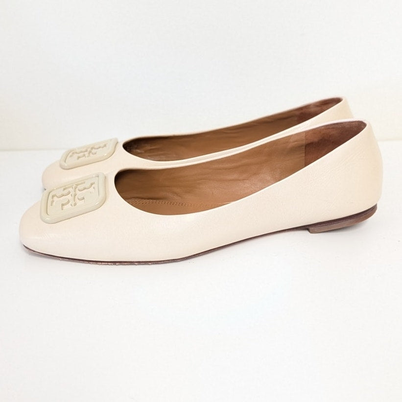 Tory Burch Georgia Ballet Flat Womens 9C Cream Leather Logo Square Toe